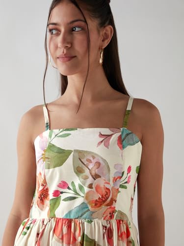 Bewakoof Women's All Over Print Regular Fit Sleeveless Square Neck Cotton-Poplin Dress_645122_White_2XL