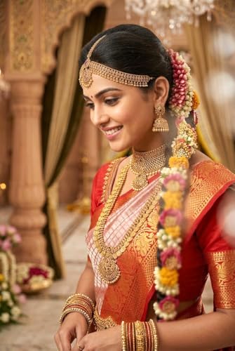 VFCollections Women's Traditional Handloom Kanchipuram Silk Pure Pattu Sarees | Rich Zari Woven Design | Unstitched Blouse (Red.)