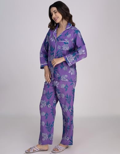 Moomaya Women's Cotton Printed Nightwear Set - Notch Lapel Shirt & Pajama Lounge Suit