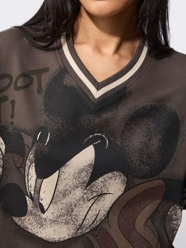 The Souled Store Mickey Mouse: It's A Goal Women and Girls Short Sleeves V Neck Brown Graphic Printed Cotton Drop Shoulder Ligthweight Breathable Comfortable Streetwear Oversized T-Shirts