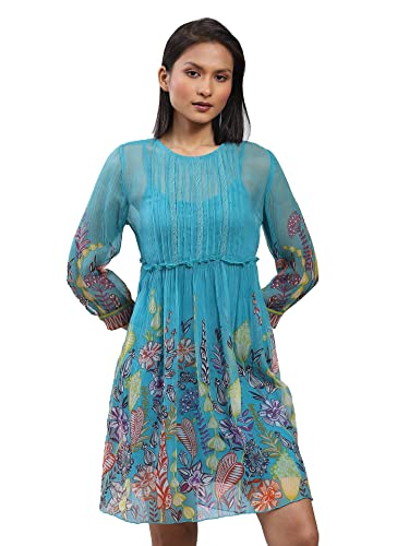 Label RITU KUMAR Blue Floral Print Short Dress with Inner