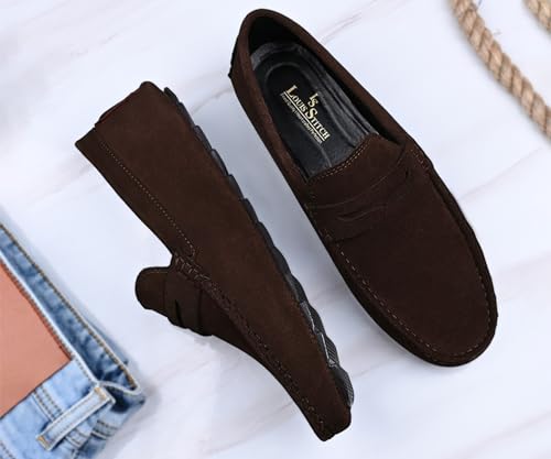 LOUIS STITCH Loafers Formal Shoes for Men | Damsire Underrobe Italian Suede Leather Moccasins | Slip-on Shoes for Business, Casual, Parties | Solid Brunette Brown | UK Size 12 (ITSU)