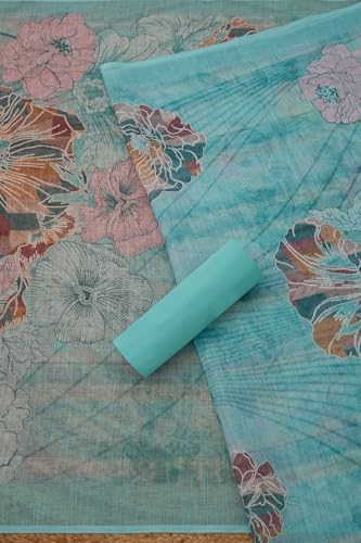Soch Womens Powder Blue Linen Blend Floral Print Unstitch Dress Material With Thread Work