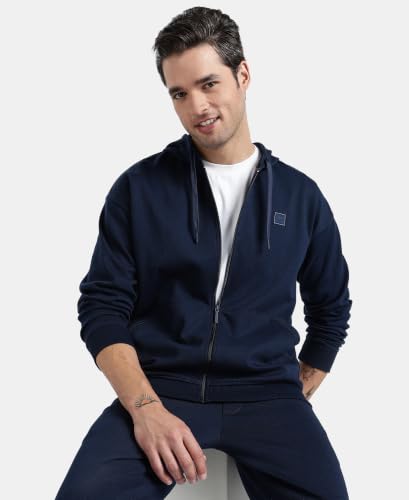 Jockey AM61 Men's Super Combed Cotton Rich Pique Fabric Ribbed Cuff Hoodie Jacket_Navy_L