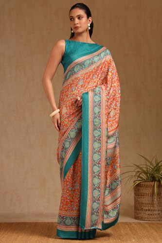 Soch Womens Orange Pashmina Floral Print Saree