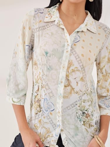 Latin Quarters Women's Off-White Printed 3/4th Sleeve Collar Neck Casual Shirt_M