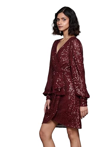 Label RITU KUMAR V Neck Full Sleeves Short Dress Red