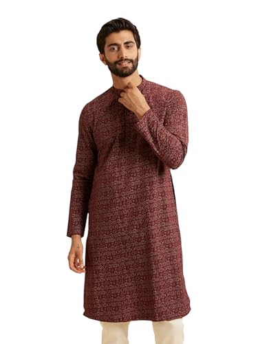 Manyavar Men's Cotton Blend Tribal Prints Kurta (Maroon,XXL)