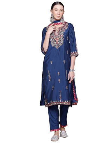 Aarke Ritu Kumar Blue Pearl Petal Solid 3/4Th Sleeve Kurta With Pant And Dupatta