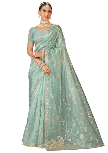 Laxmipati Kesaar Bhog Tissue Organza Floral Embroidered Saree in Pastel Blue Color_N-2953