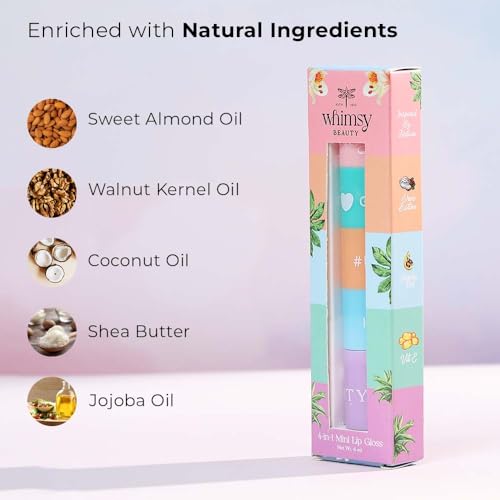 Whimsy Beauty 4-in-1 Mini Lip Gloss for Kids and Pre-Teens | Smooth Non Sticky Shine with Lightweight Texture | Long Lasting Glossy Finish | 4 to 16 Years | Organic, Natural, Chemical Free | 4 ml