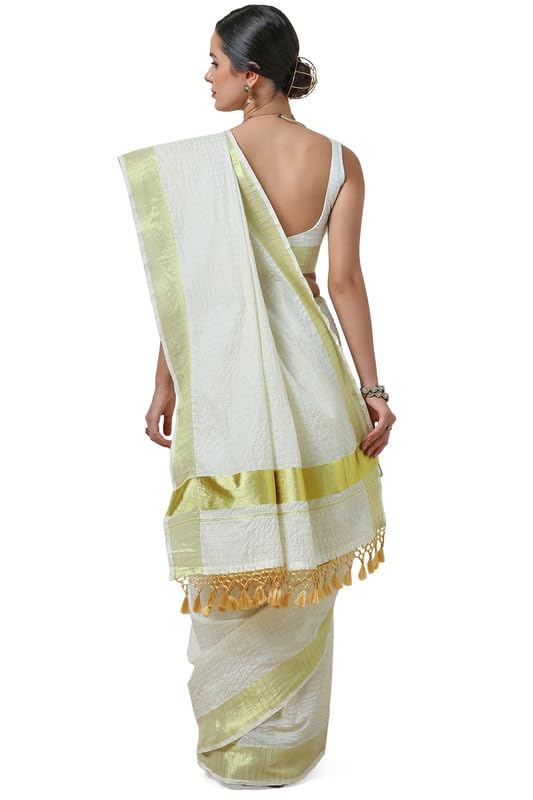 Soch Womens Cream Cotton Blend Woven Design Kasavu Saree With Tassels