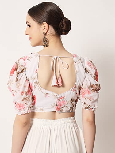 ANTHARI DESIGNER Women's Floral Printed Indian Ethnic wear Georgett Puffy Sleeve Round Neck Line Frill Pattern White Saree Blouse Simple Trendy Blouse White