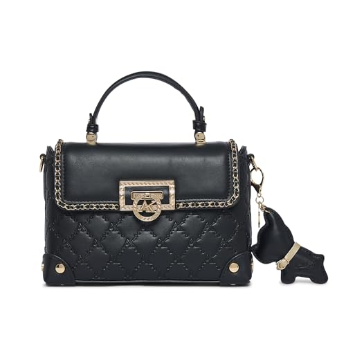 Akiki London Women's Hampton 22 Flap Satchel Handbag|comes with Dog Charm|Top Grab Handle|Metal Finish|Stylish Ladies Purse|Party Handbag for Women