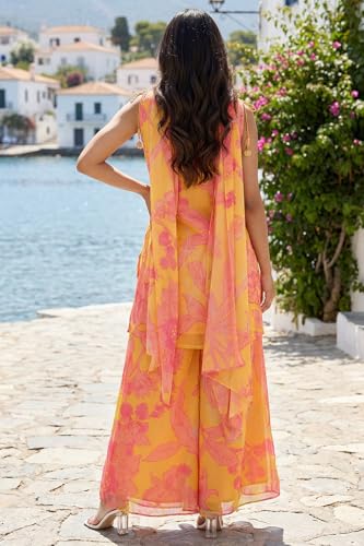 W for Woman Yellow Floral Printed Tassels Straight Kurta with Flared Pant and Dupatta Set - (WS13689-126978-XXL)