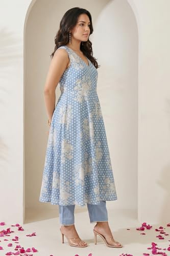 W for Woman Blue Floral Printed Lace Chanderi Sleeveless A-line Kurta with Straight Pants and Dupatta Set - (WS14081-127218-XL)