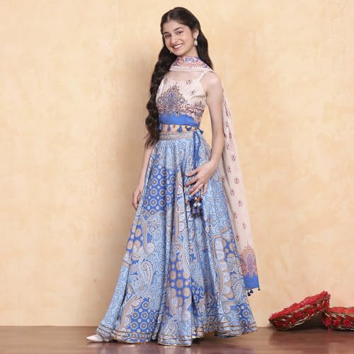 Biba Girls Electric Blue Viscose Blend Lehenga Set_12-13 Year