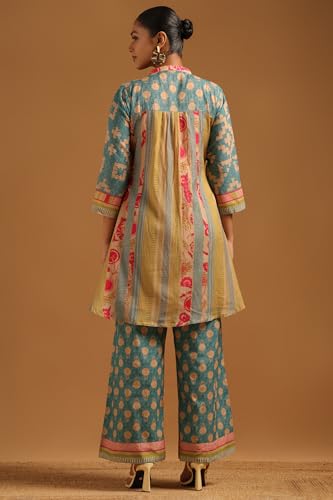 Soch Womens Turquoise Blue Chanderi Botanical Printed Co-Ords Set With Beads
