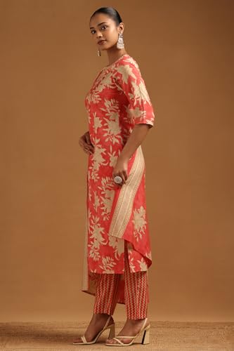 Soch Womens Peach Chanderi Floral Salwar Suit With Beads