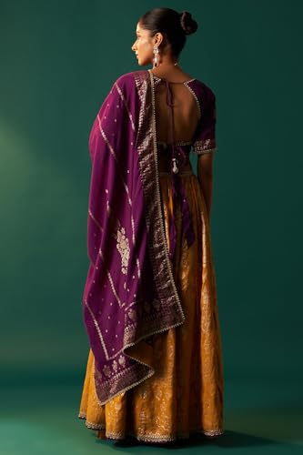 Wishful Women's Purple Embroidered Chanderi Jacquard Blouse with Flared Skirt and Dupatta Set (SP13161-314465-S)