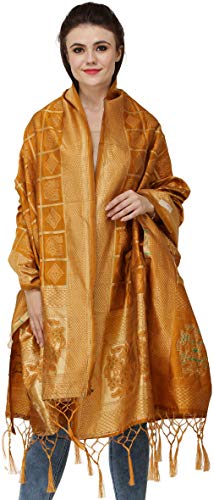 Exotic India Bandhani Gharchola Art Silk Dupatta with Zari Weave and Brocaded Border Design Stole, Chunni For Women