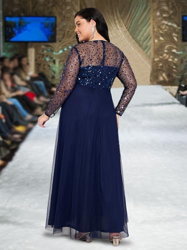 wild U Women Plus Size Gown Dress | Embellished | Sequinned | Non Itch Finish | Sleeves | Cocktail (Navy Blue, Size: 3XL)