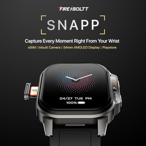 Fire-Boltt Snapp Smart Watch, Selfie Camera, 4G Nano-SIM Slot, 54.1mm AMOLED Display, Play Store- Unlimited apps, 1000mAh Battery, 2GB/4GB RAM + 16GB/64GB ROM (Archaic Black)