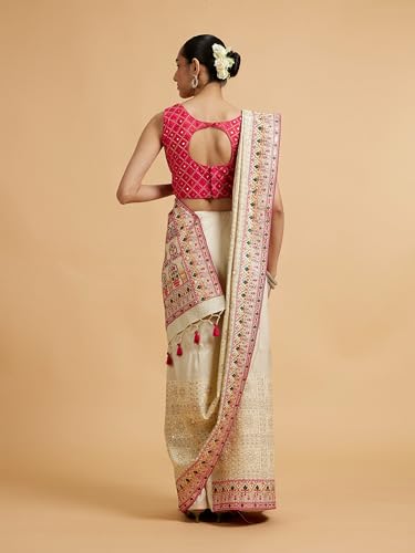 MOHEY Women's Cream Art Silk Embroidered|Stone Work|Sequin Work Saree (Cream)