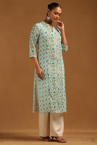 Soch Womens Teal Green Pure Cotton Botanical Kurta