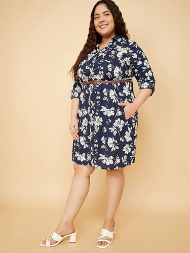 Max Women Floral Print Shirt Dress with Belt (Blue_6XL)