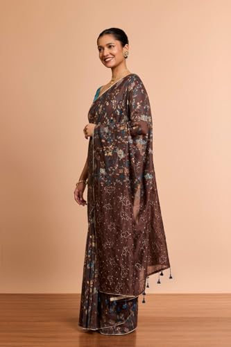 Taneira Women Brown Pure Silk Cotton Embroidered Saree with Unstitched Blouse Piece (SAIP01AC1401-Brown)