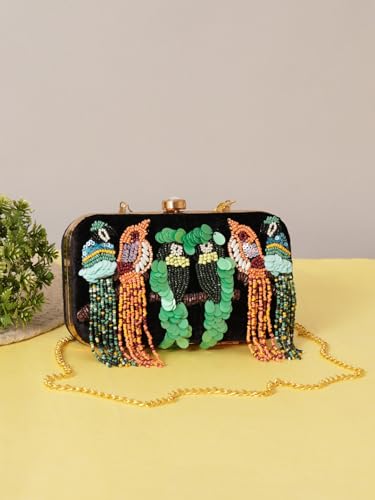 FABBHUE Women's Black Bird Hand Embroidery Party Wedding Box Clutch Purse Bag with detachable Sling