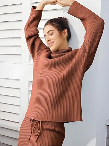 TYSORT Women’s Winter Woolen Turtleneck Sweater with Pajama | Warm Winter Wear Cord Set | Woolen Tracksuit Loungewear Set Brown