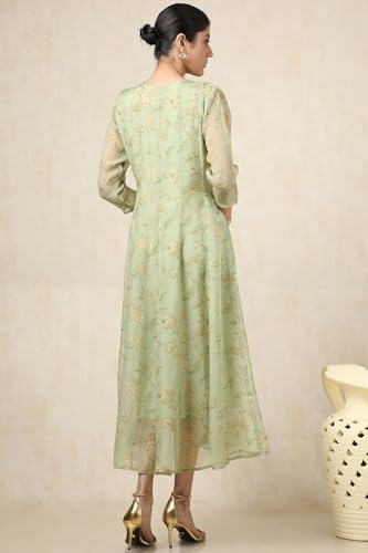 Soch Womens Green Organza Botanical Print Dress with Thread Work
