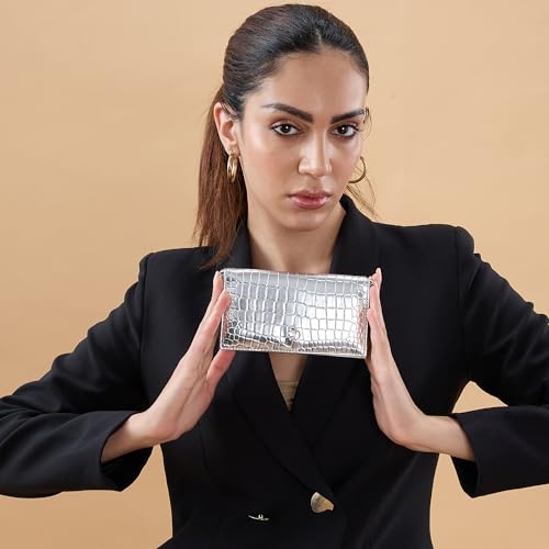 Caprese Vega Textured Flap Wallet Convertible Sling for Women | 2-in-1 Handheld Clutch & Shoulder Bag with Detachable Gold Chain | Premium Designer Mobile & Cash Sling with Magnet Snap (Silver)