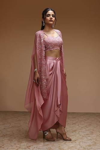 BIBA Women Rose Pink Viscose Organza Fusion Skirt Set_36