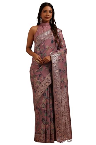 Soch Womens Lavender Chanderi Floral Zari Woven Saree