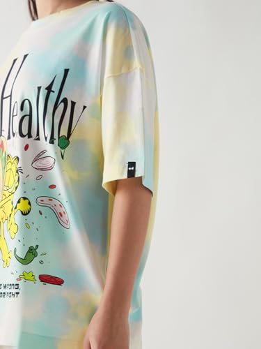 Bewakoof Official Garfield Merchandise Women's Graphic Printed Oversized Fit Half Sleeve Round Neck Cotton Jersey T-Shirt_648815_White_L