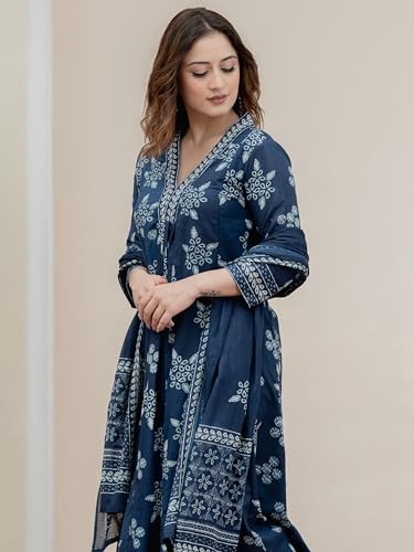 Arayna Women’s Pure Cotton Handblock Ethnic Printed Kurta Set with Pants & Dupatta - Indigo Blue, Small