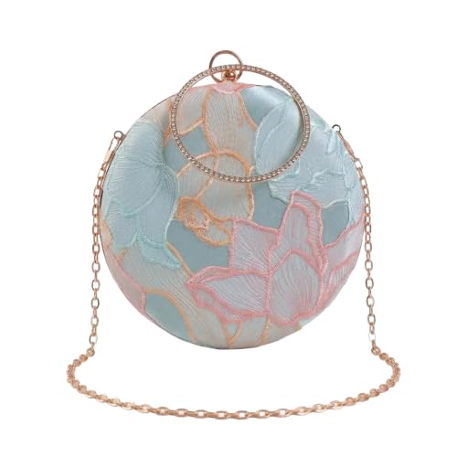 THE TAN CLAN Women Blue Floral Embroidered Clutch Purse Stylish Bridal Handbag Round Designer Clutch Bag For Women Wedding Party Ethnic Fancy Purse With Chain And Metal Handle