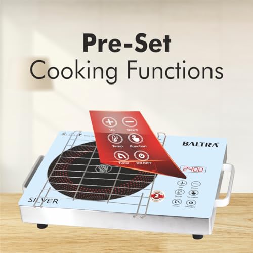 BALTRA Infrared Induction Cooktop Radiant Silver 2400Watt Touch Control Panel | Over Heat Protection, Multi Power Level Function, Digital Display, All Utensil Use | 5k Surge Protection, Electric Stove