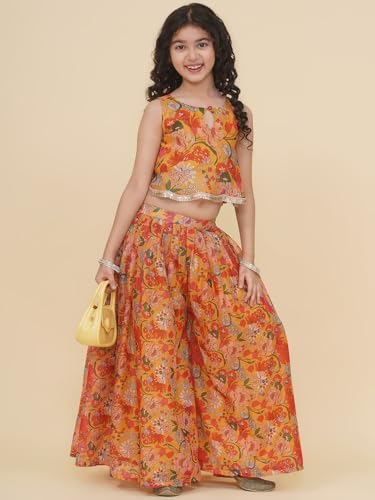 Bitiya By Bhama Girls Yellow Floral Printed Crop Top With Palazzo(GCS0525E01_15-16y)