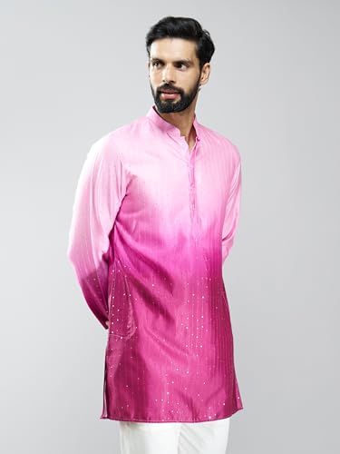 VASTRAMAY Men Falsa Silk Blend Ombre Sequin Kurta | Mid-Length Festive & Wedding Attire with Mandarin Collar