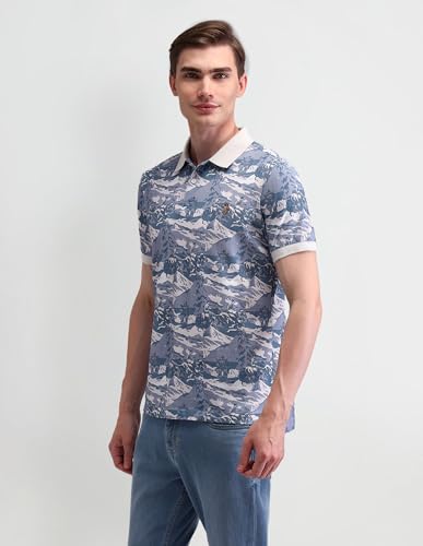 U.S. Polo Assn. Denim Co. Men's Blue Graphic Polo Collar Half Sleeve Casual Cotton Slim Fit T-Shirts (UDTSH2626_Blue_S)
