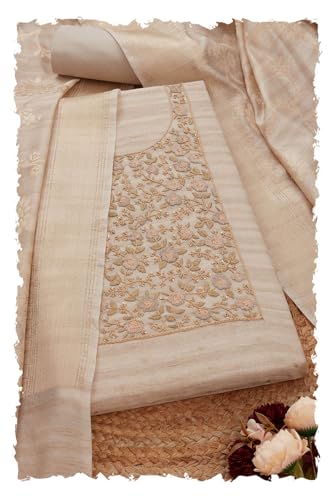 Soch Womens Cream Tussar Zari Woven Unstitch Dress Material With Thread Work