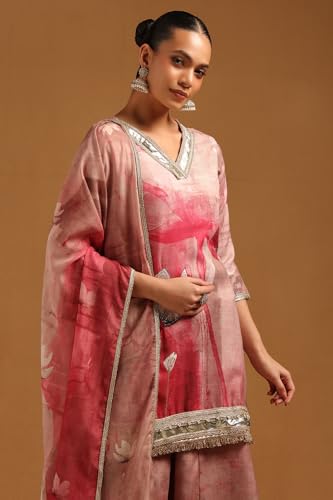Soch Womens Pink Linen Floral Suit Set With Zari Embroidery and Gotta Patti Details