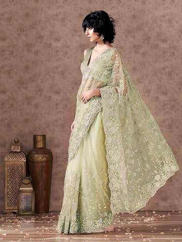 Womanista Women's Women Net Saree ll Women Embroidered saree ll Women Green saree ll Un-stitched blouse saree