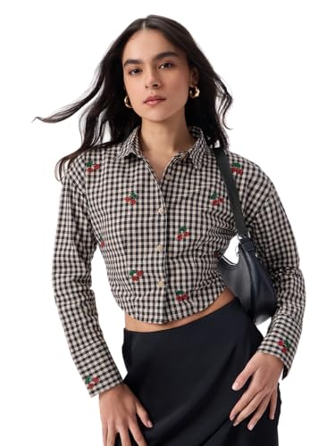 The Souled Store Cherry Berry: Women and Girls Full Sleeves Button-Down Collar Black and Beige Checkered Cotton Regular Fit Lightweight Embroidered Casual Shirt