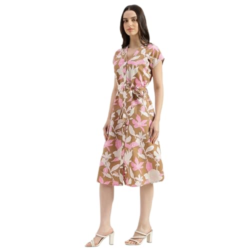 United Colors of Benetton Regular Fit V Neck Floral Extended Sleeve Cotton Linen Dress (Size: XL) - 26P4WVNDR302I901 Beige