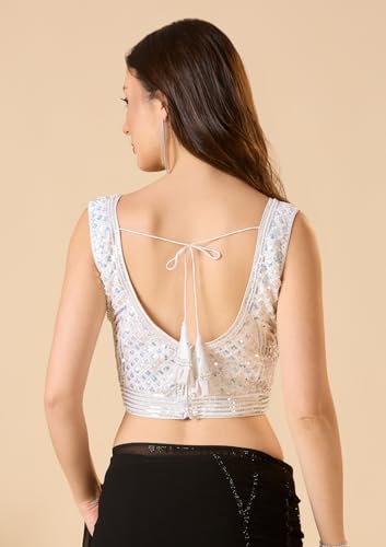 S SALWAR STUDIO White V Neck Pearl Beaded Readymade Blouse